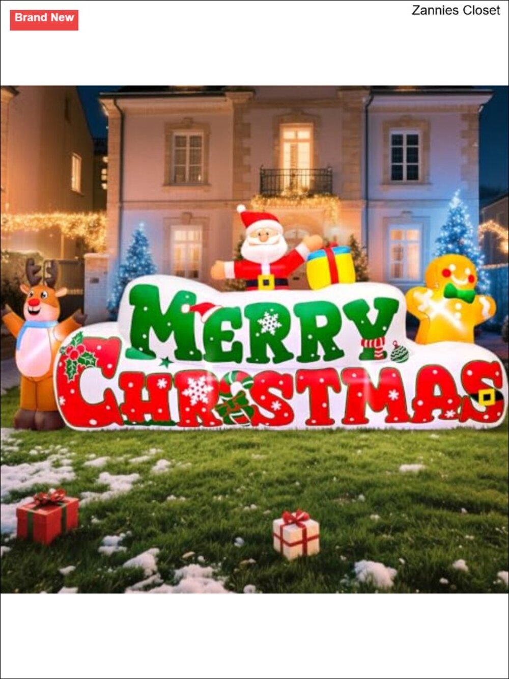 10FT Christmas Inflatable Merry Christmas Sign w/ Santa Gingerbread Reindeer